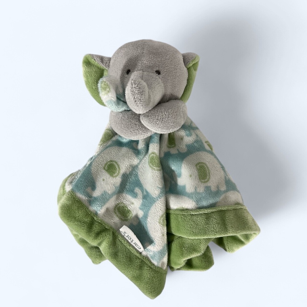 Carters Lovey Elephant Security Blanket Plush Blue Green Gray Baby Toy Blankie
